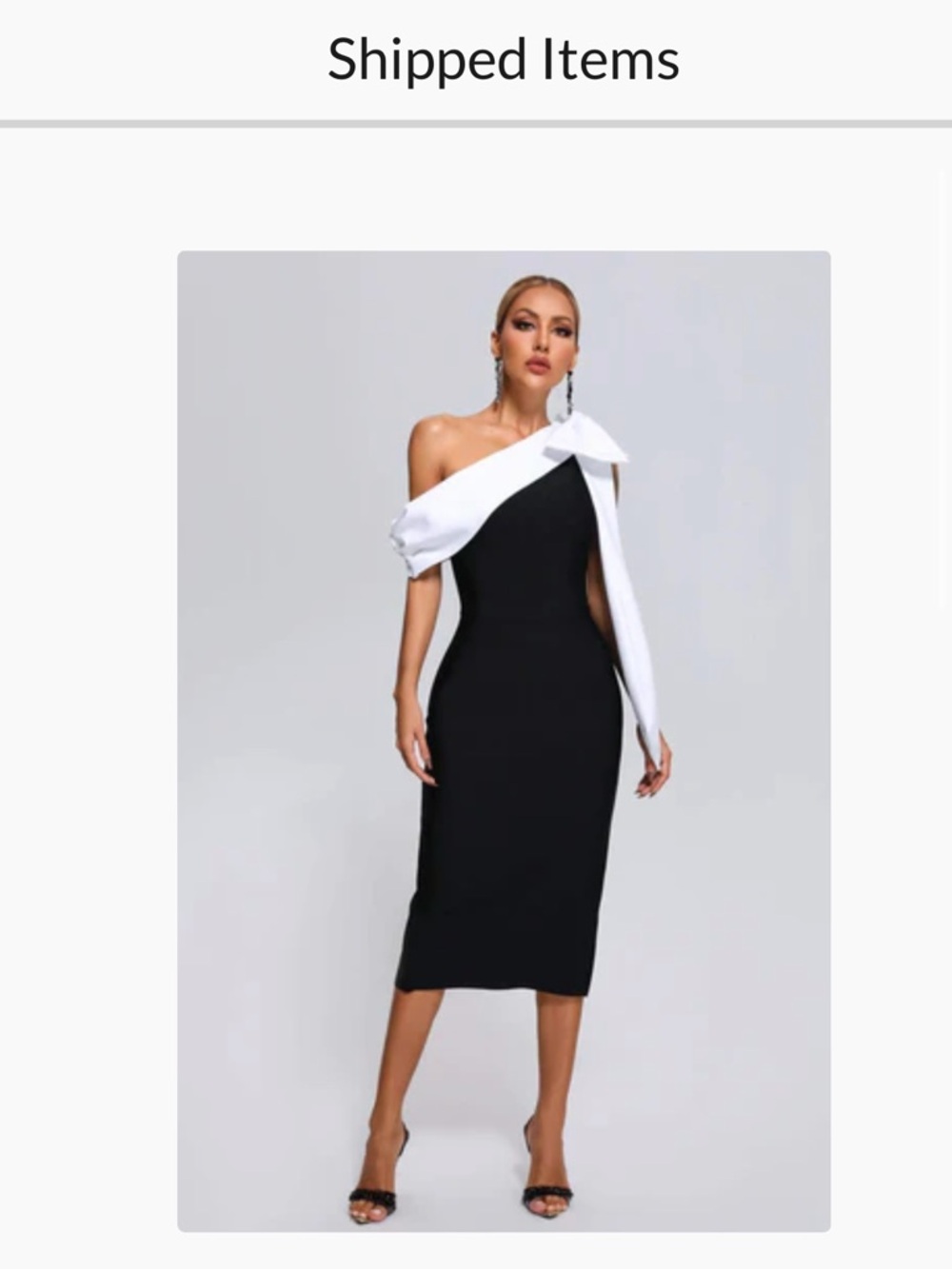 One-Shoulder Black & White Midi Dress with Draped Shoulder